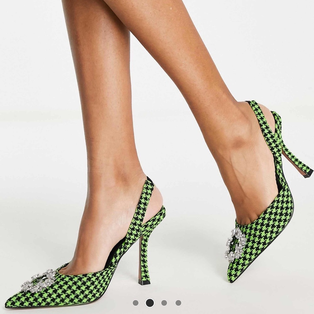 ASOS Green Houndstooth Slingback Heels with Crystal Buckle - Picture 2 of 3